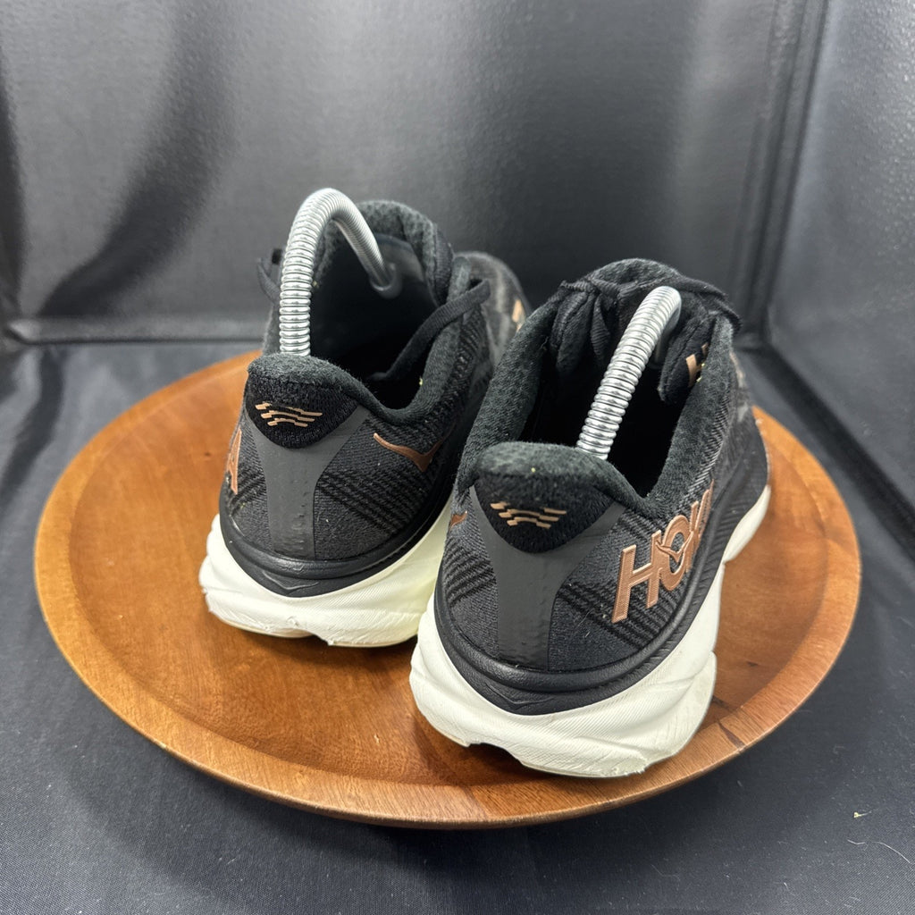 Hoka Clifton 9 Athletic Running Shoes Womens 8.5B Black Rose Gold Low Top Lace