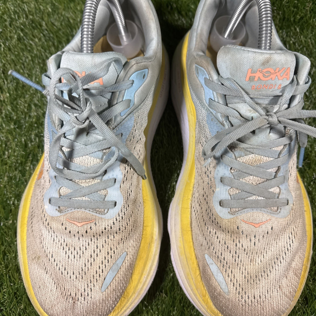 Hoka One One Bondi 8 Womens Size 9.5D Blue Yellow Walking Running Shoes Sneakers