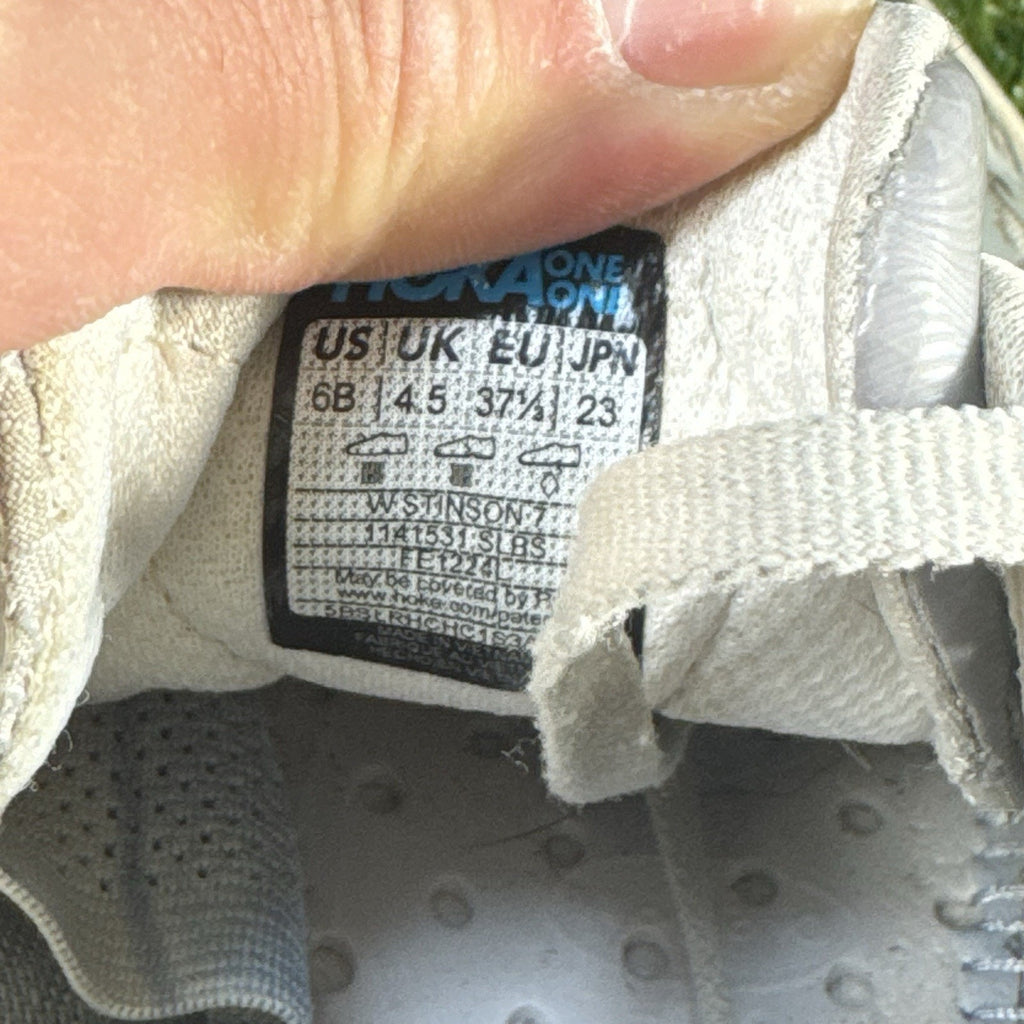 Hoka One One Women Size 6B Stinson 7 Trail Running Sneaker Grey/Silver/White