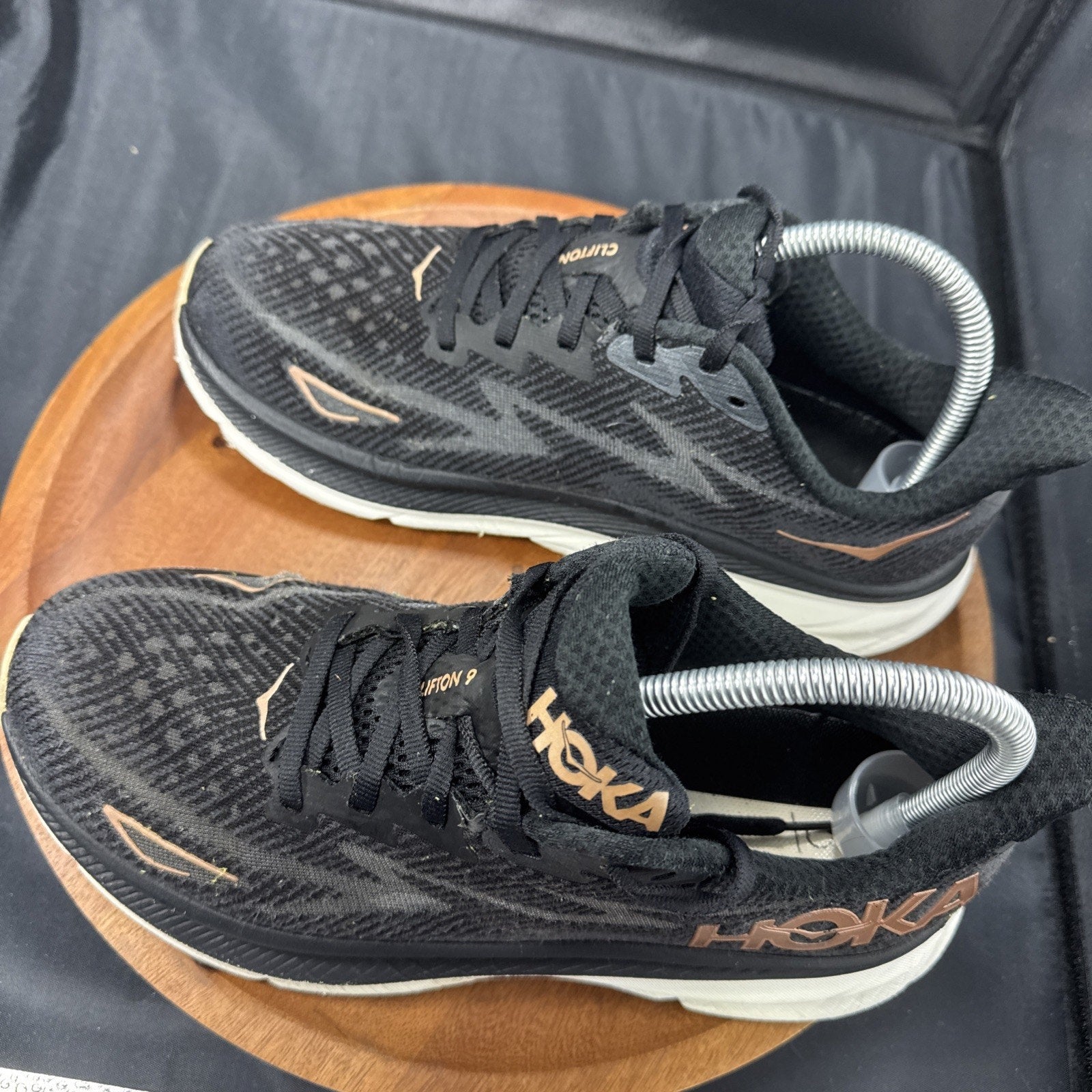 Hoka Clifton 9 Athletic Running Shoes Womens 8.5B Black Rose Gold Low Top Lace