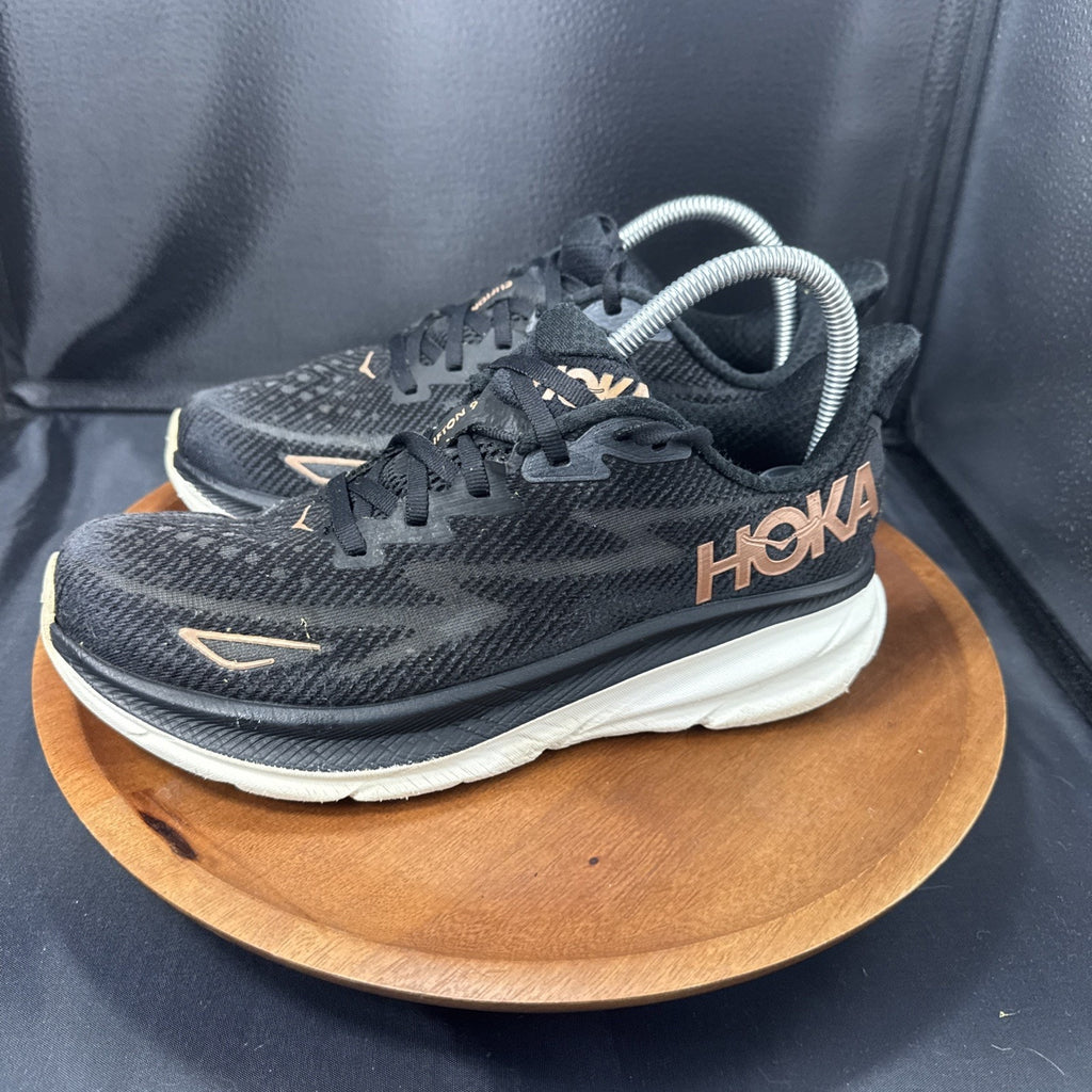 Hoka Clifton 9 Athletic Running Shoes Womens 8.5B Black Rose Gold Low Top Lace