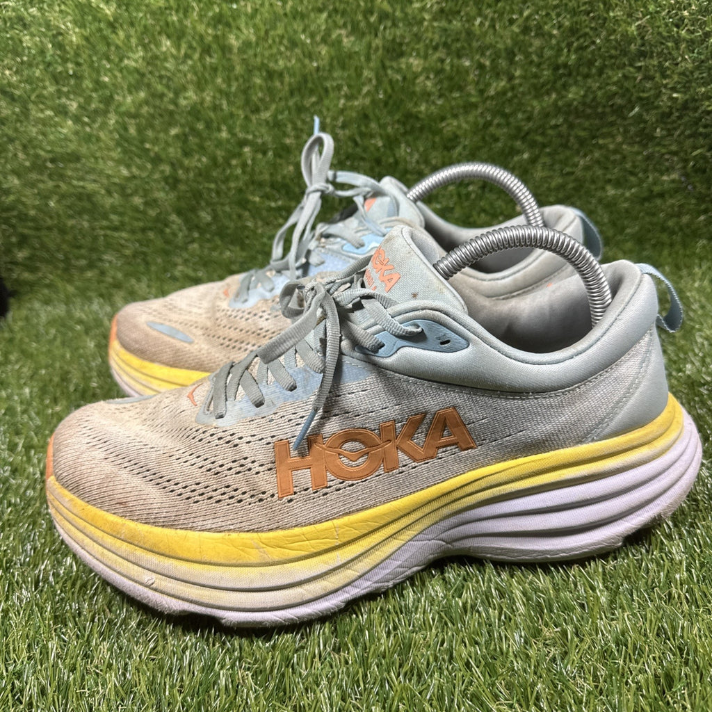 Hoka One One Bondi 8 Womens Size 9.5D Blue Yellow Walking Running Shoes Sneakers