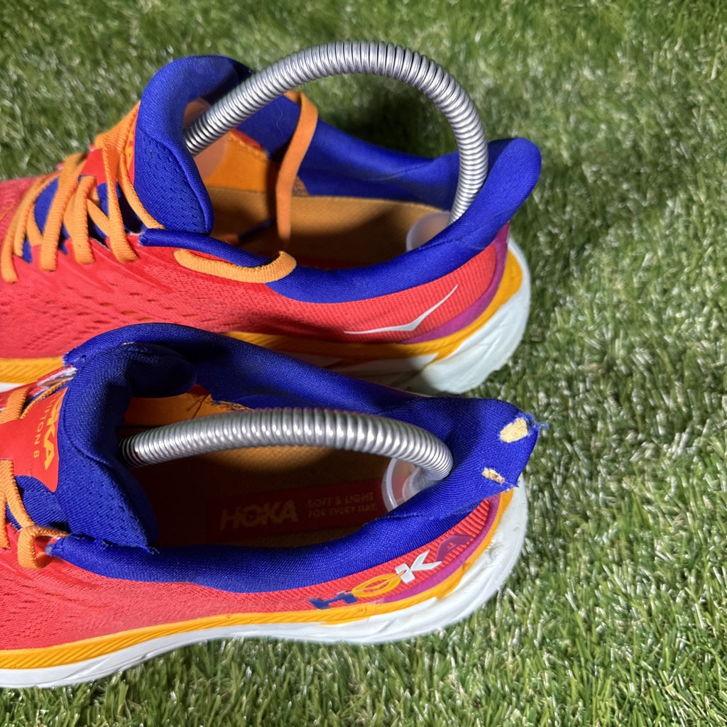Hoka One One Clifton 8 Shoes Womens Size 7.5 Orange Purple Running 1119394 READ