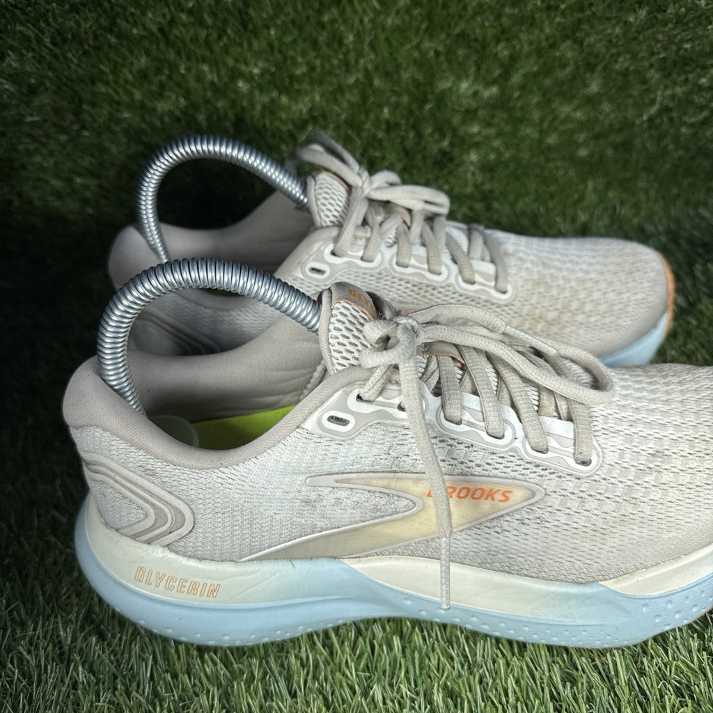 Brooks Glycerin GTS 21 Womens Athletic Running Shoes Size 7 Coconut Beige Aqua