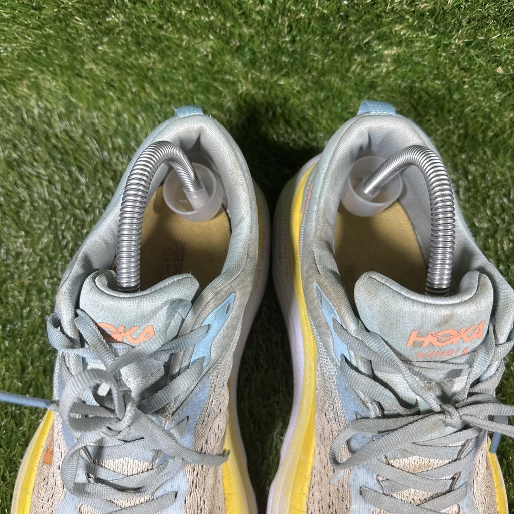 Hoka One One Bondi 8 Womens Size 9.5D Blue Yellow Walking Running Shoes Sneakers