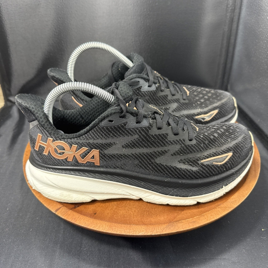 Hoka Clifton 9 Athletic Running Shoes Womens 8.5B Black Rose Gold Low Top Lace