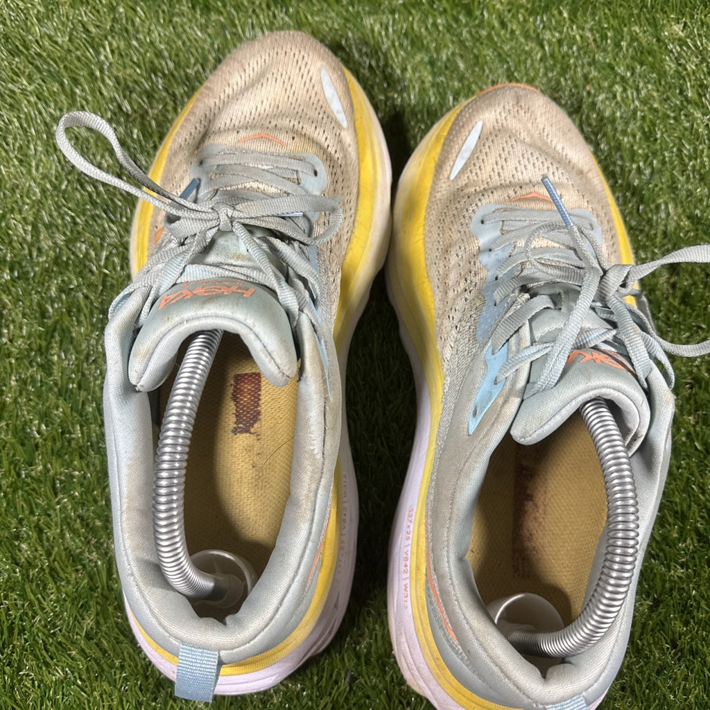 Hoka One One Bondi 8 Womens Size 9.5D Blue Yellow Walking Running Shoes Sneakers