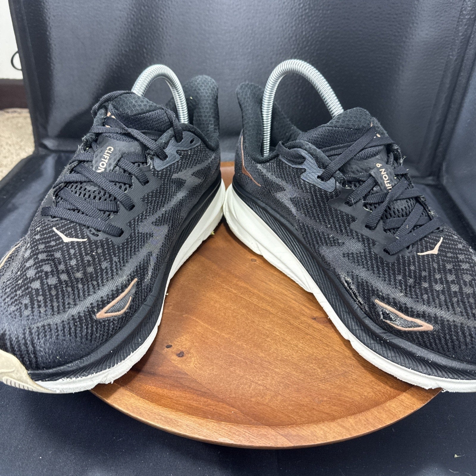 Hoka Clifton 9 Athletic Running Shoes Womens 8.5B Black Rose Gold Low Top Lace