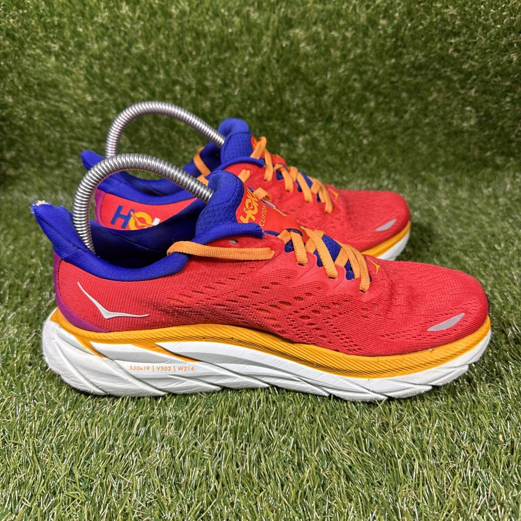 Hoka One One Clifton 8 Shoes Womens Size 7.5 Orange Purple Running 1119394 READ