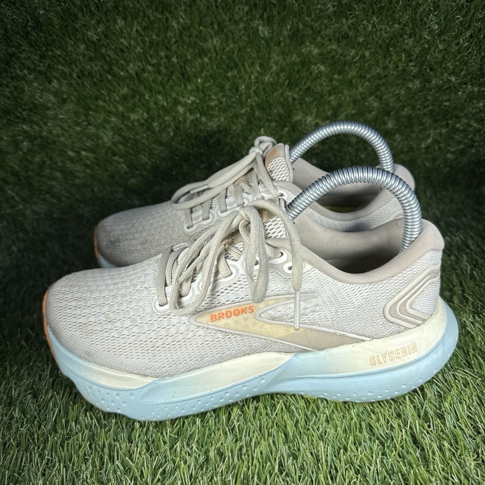 Brooks Glycerin GTS 21 Womens Athletic Running Shoes Size 7 Coconut Beige Aqua