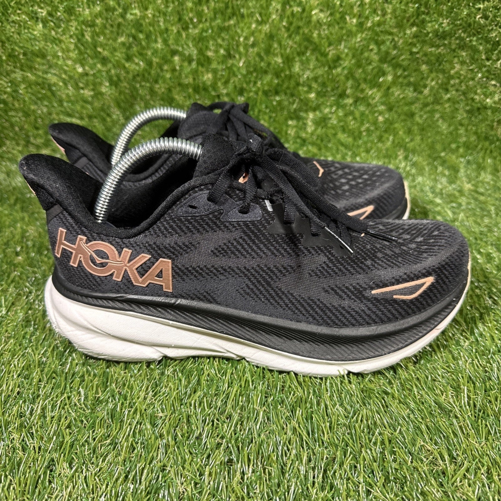 HOKA Clifton 9 Running Shoes Women Size 7 Black Rose Gold Comfort Low Sneakers