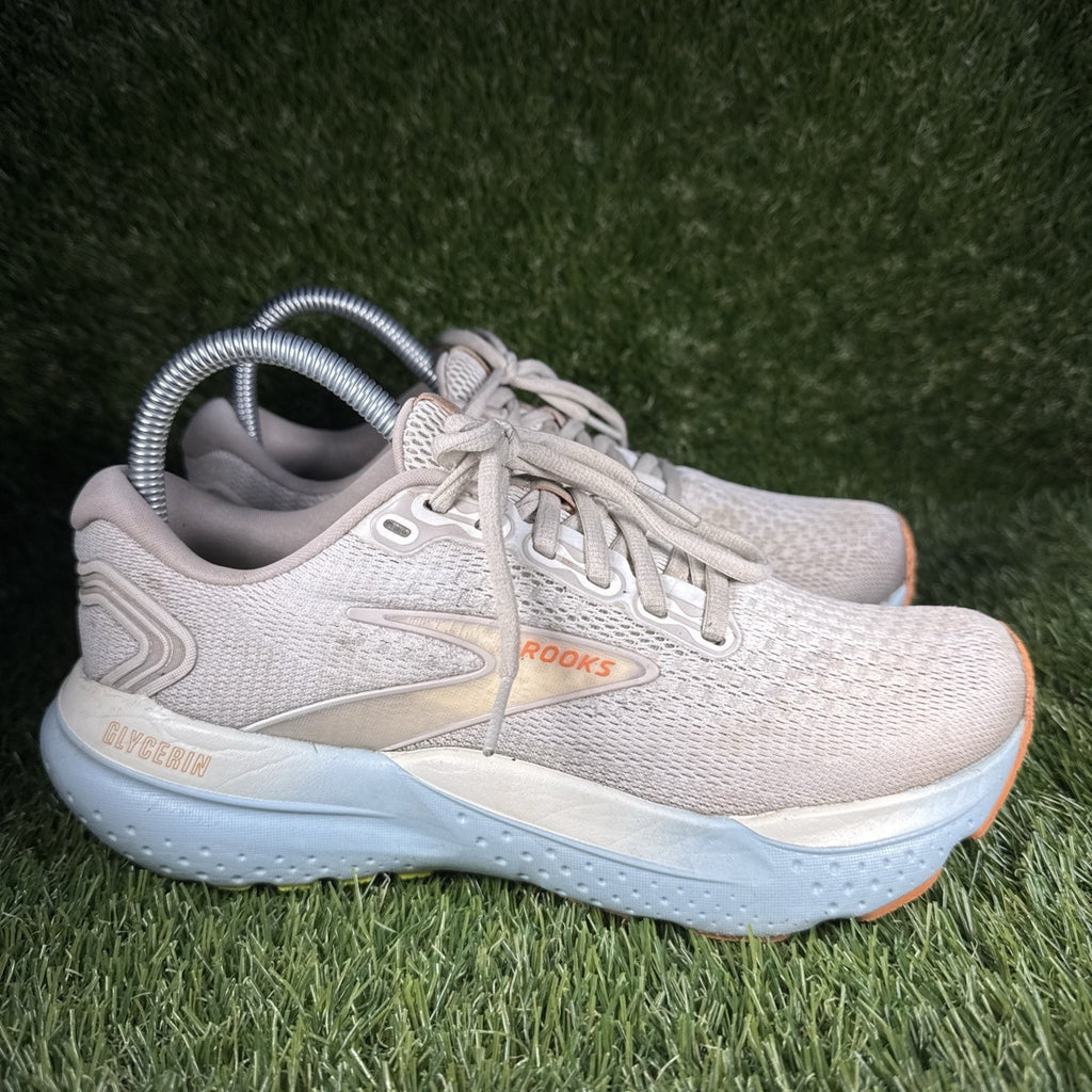 Brooks Glycerin GTS 21 Womens Athletic Running Shoes Size 7 Coconut Beige Aqua