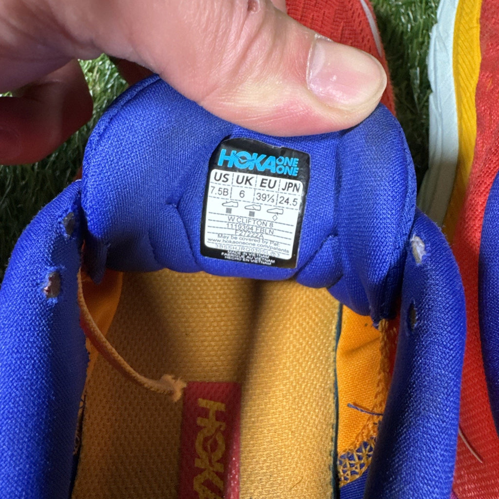 Hoka One One Clifton 8 Shoes Womens Size 7.5 Orange Purple Running 1119394 READ